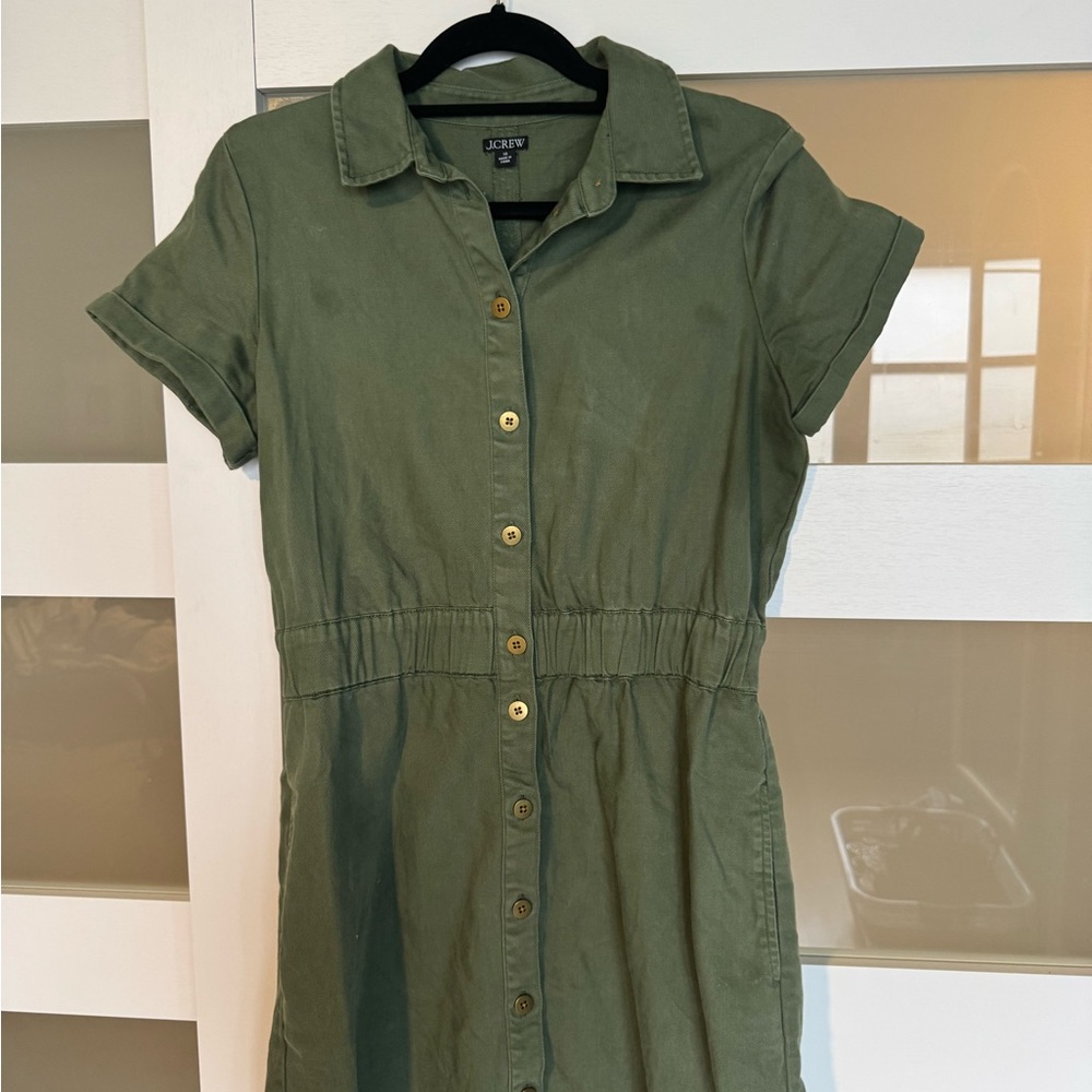 J. Crew Green Cinch Waist Collared Dress